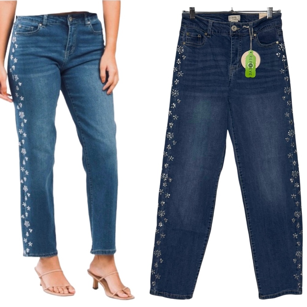 Camila Coelho NWT Medium Wash High-Waisted Crystal Embellished Straight Jeans